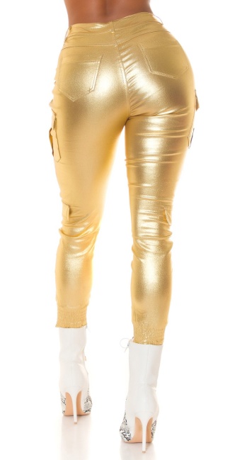 Trendy Metallic Look Cargo Pants Gold